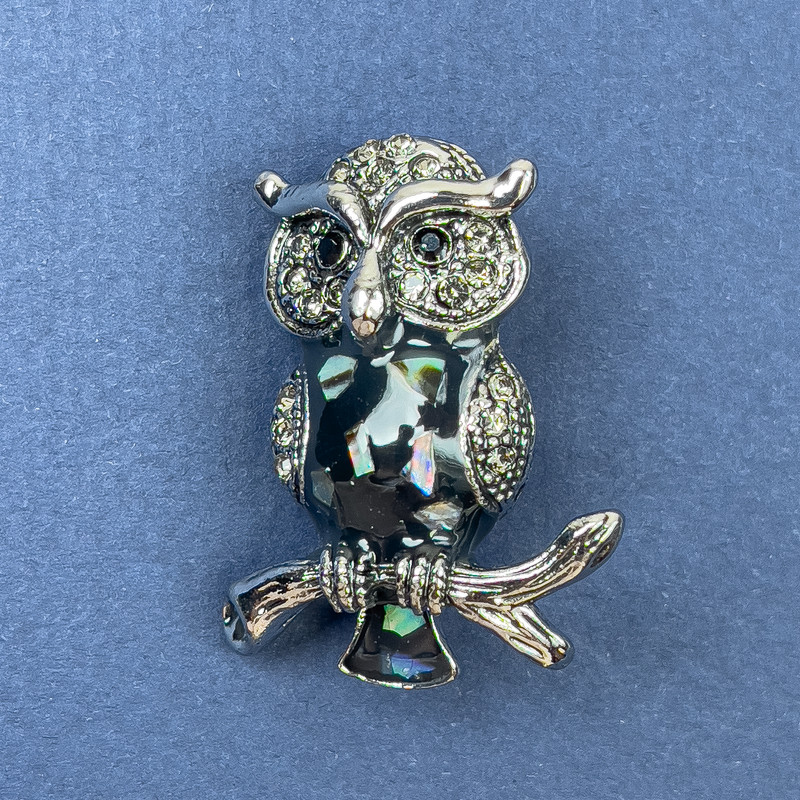Brooch 'Owl Halite' with gray crystals on a silver-tone metal base, diameter about 26 mm, length 33 mm