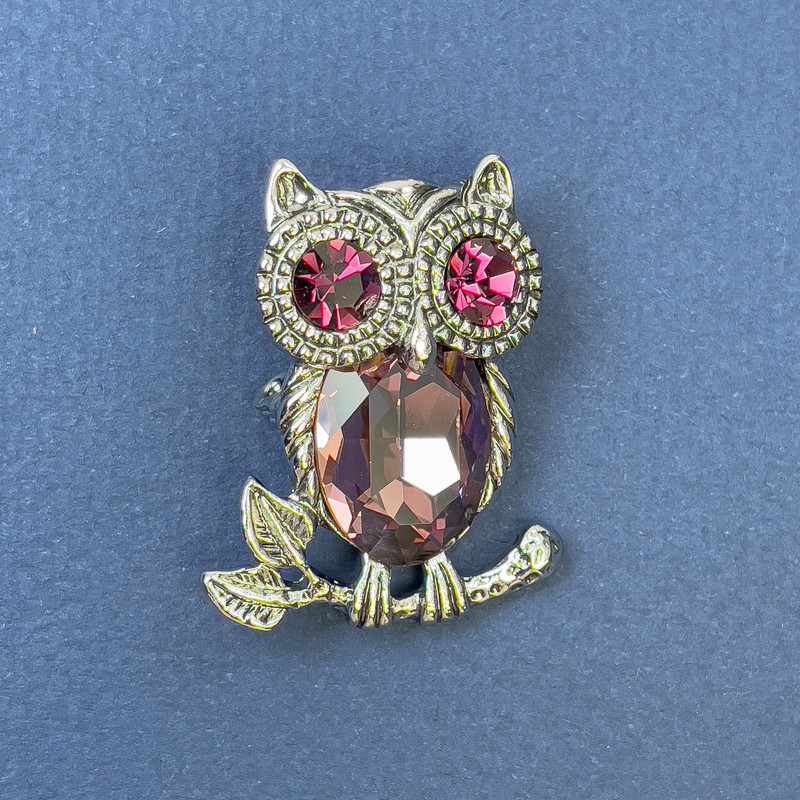 Brooch Pendant Owl with Pink Crystals, Silver-Toned Metal, 25 mm Diameter, 34 mm Length