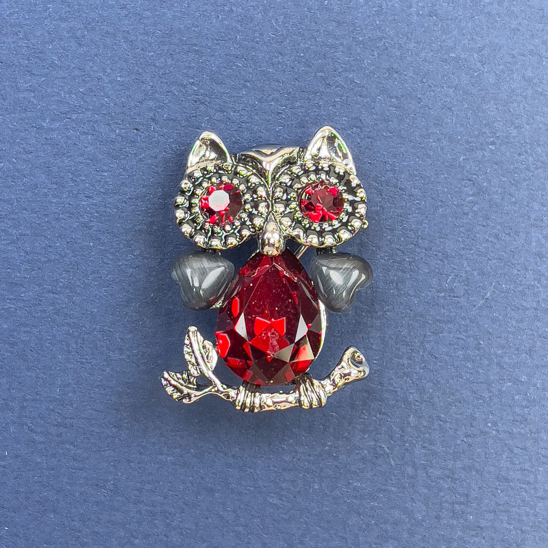 Owl Brooch-Pendant with Red and Gray Crystals on Silvery Metal, Diameter 18 mm, Length 27 mm