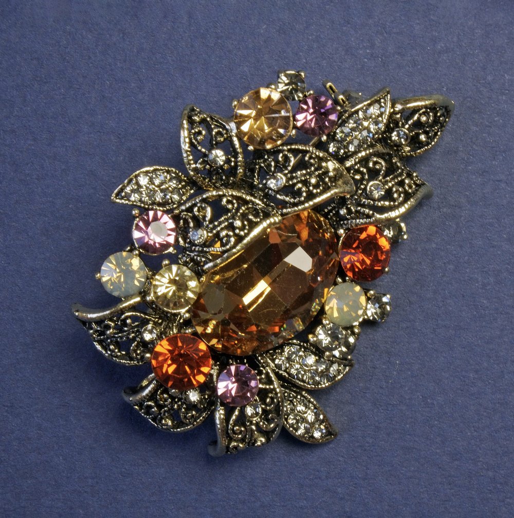 Accent Brooch with Multicolored Rhinestones, 48×35 mm, Gold-Tone Metal