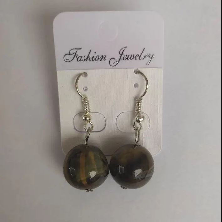 Hawk's eye natural stone earrings, smooth ball, diameter 14 mm, length 3.5 cm