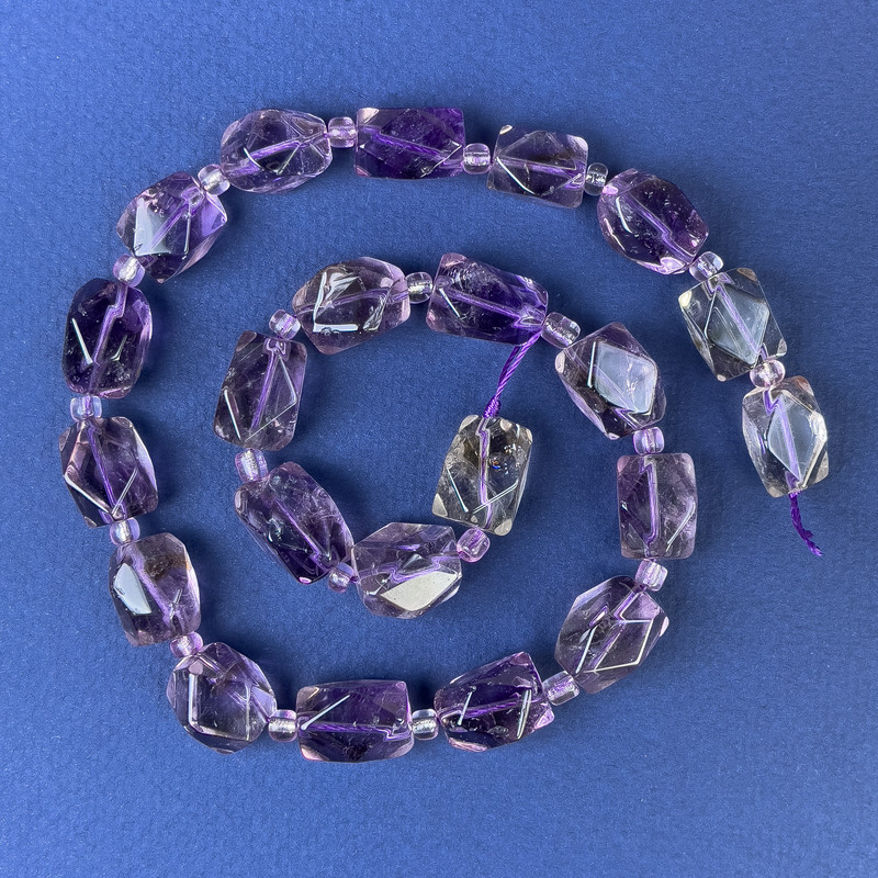 Amethyst Beads, Polygonal Shapes 14–10 mm, with Seed Beads, 4 mm Diameter, on Thread, 40 cm Length