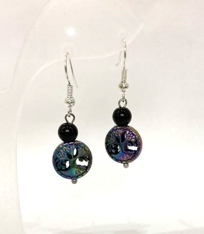 Hematite Coin Earrings 12x4 mm+-, Agate Smooth Ball 6 mm+-, Length 38 mm+-