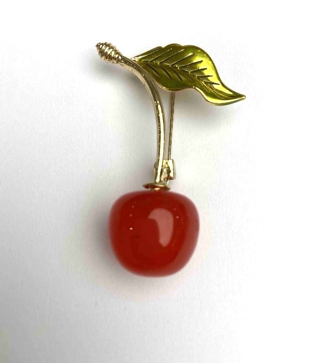 Cherry Brooch, 18 mm diameter, enamel, gold-tone metal color, 48 mm+