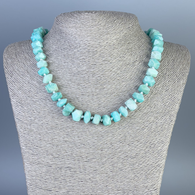 Amazonite Necklace with Faceted Beads, diameter 11x7–10 mm, length 45 cm +/- with clasp