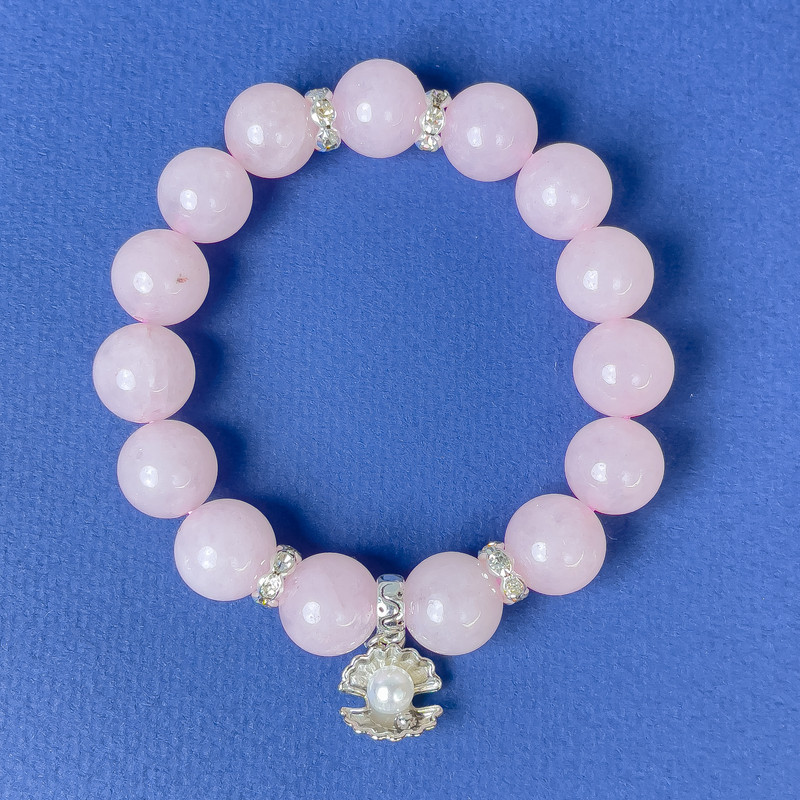 Bracelet with Rose Quartz — Smooth Beads, 12 mm Diameter ±, with Metal Inlays, Length 18 cm ± (Stretch)