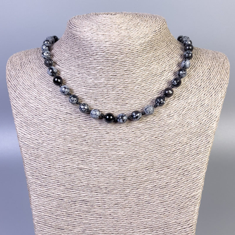 Snow Obsidian 'Apache Tears' Faceted Bead Necklace, 8 mm diameter, 50 cm length with clasp