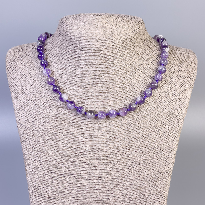 Amethyst Necklace with Smooth Beads, 8mm Diameter, 50cm Length ± with Clasp