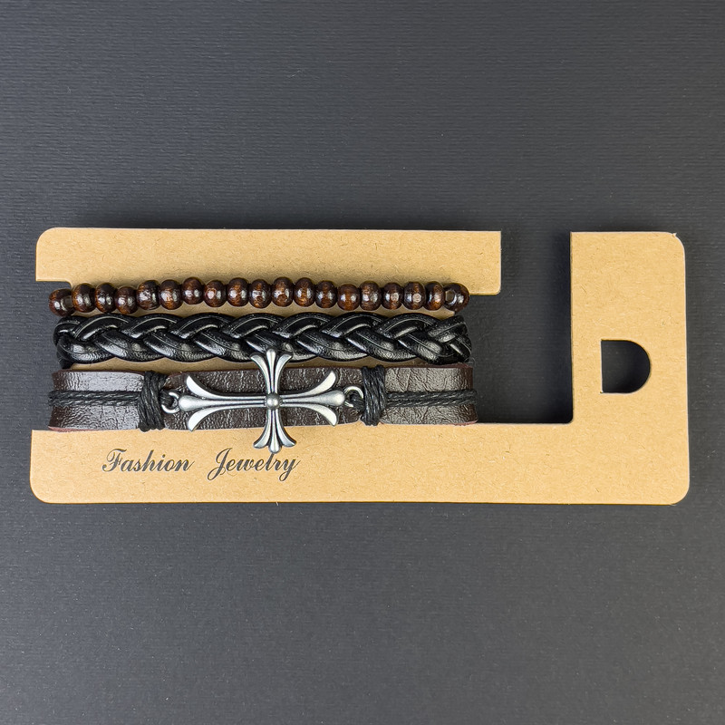 Triple eco-leather bracelet with cross inlay on the clasp, length 18-24 cm, brown and black