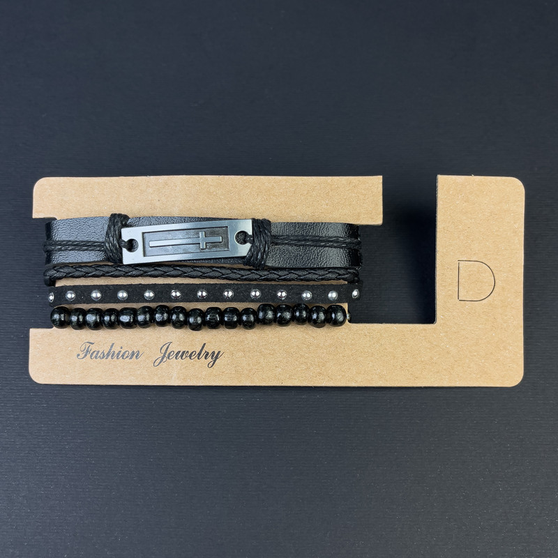 Triple eco-leather bracelet with a 'Cross' insert, length 18-24 cm, black