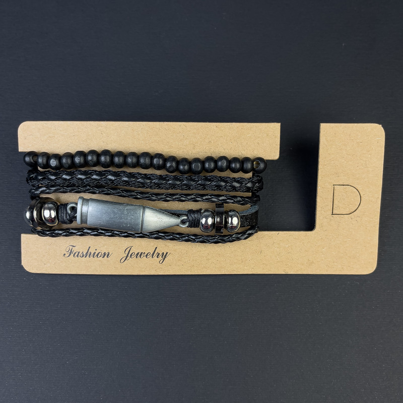 Triple Eco-Leather Bracelet with Ball-Shaped Metal Bead, Adjustable 18-24 cm, Black