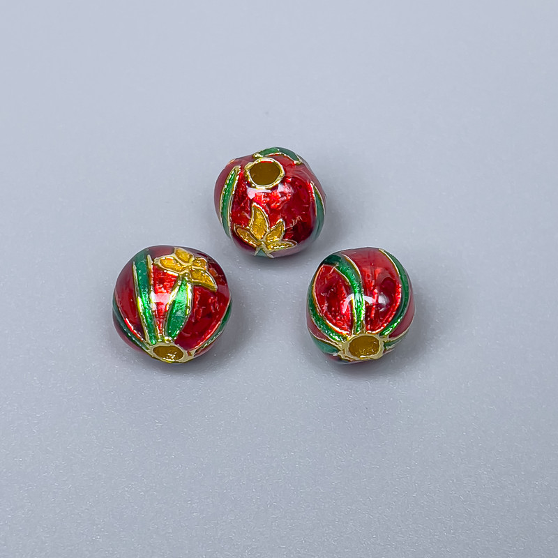 Cloisonné Bead Findings red, green, yellow enamel, diameter 9×9.5 mm, hole diameter 2.1 mm, gold-toned metal color, 1 pc