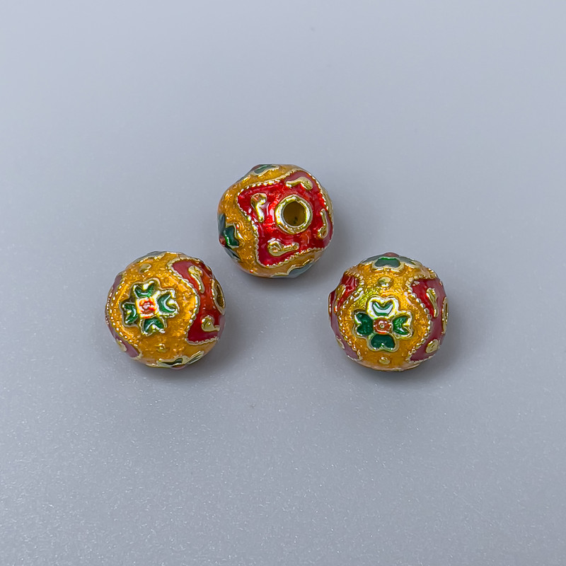 Cloisonné Bead, Yellow, Red and Green Enamel, 10 mm Diameter, 2 mm Hole, Gold-tone Metal, 1 pc