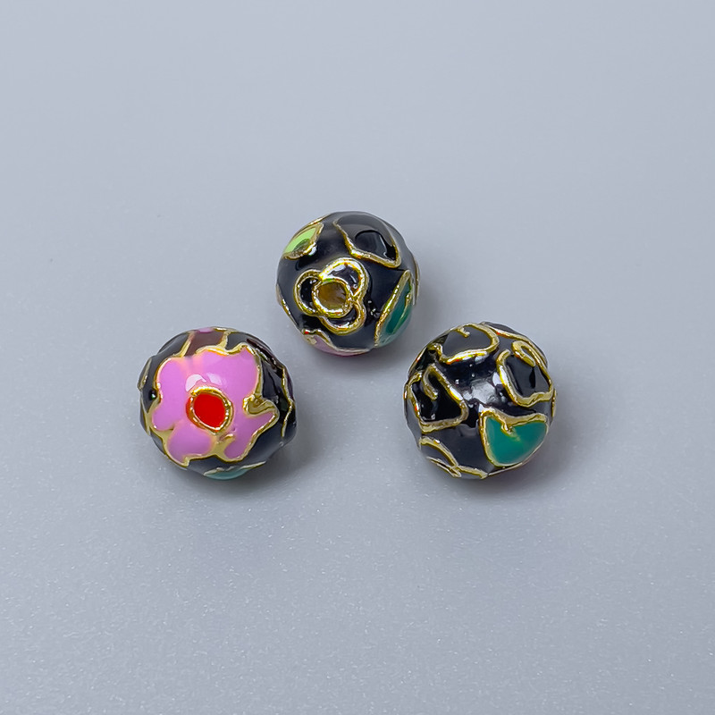 Cloisonné Bead - Black, Purple & Green Enamel, 10 mm Diameter, 2 mm Hole, Gold-Tone Metal Color, 1 pc