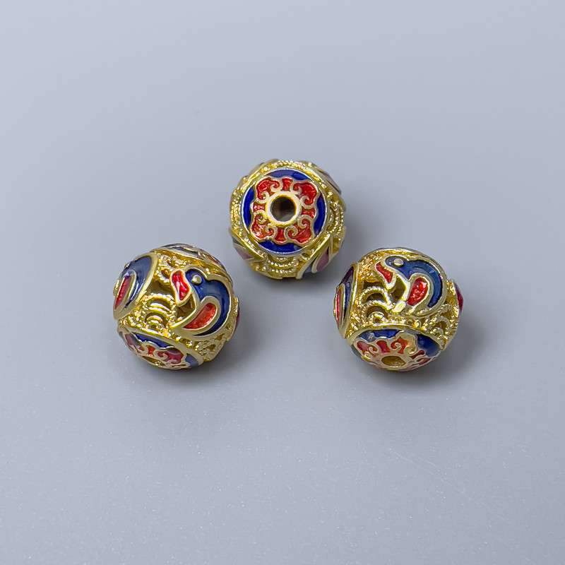 Cloisonné Bead Findings, blue and red enamel, 10mm diameter, 1.8mm hole, gold-tone metal, 1 pc