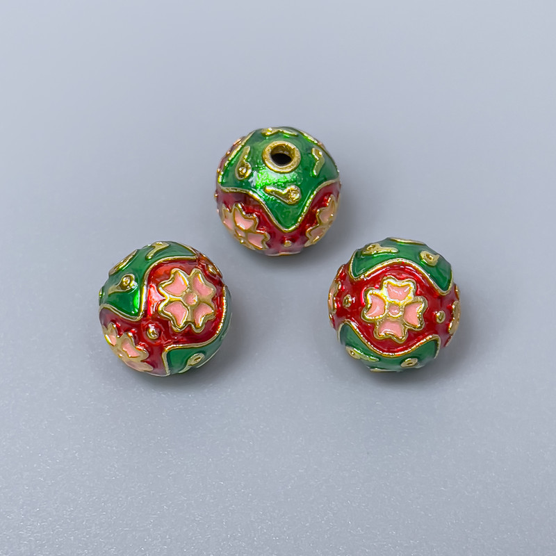 Cloisonné Bead – green, red, and pink enamel; 10 mm diameter; hole diameter 2 mm; gold-tone metal; 1 pc