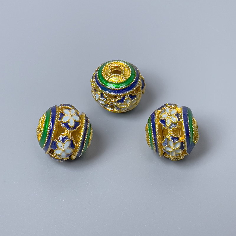 Cloisonne Bead - green-blue-white enamel, 10 mm diameter ± hole, hole diameter 1.8 mm, gold-colored metal, 1 piece