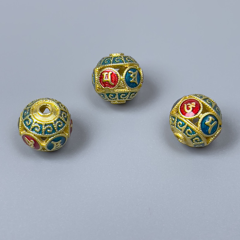 Cloisonne Bead red and turquoise enamel, 11 mm diameter, hole diameter 2-3 mm, gold-tone metal color, 1 pc