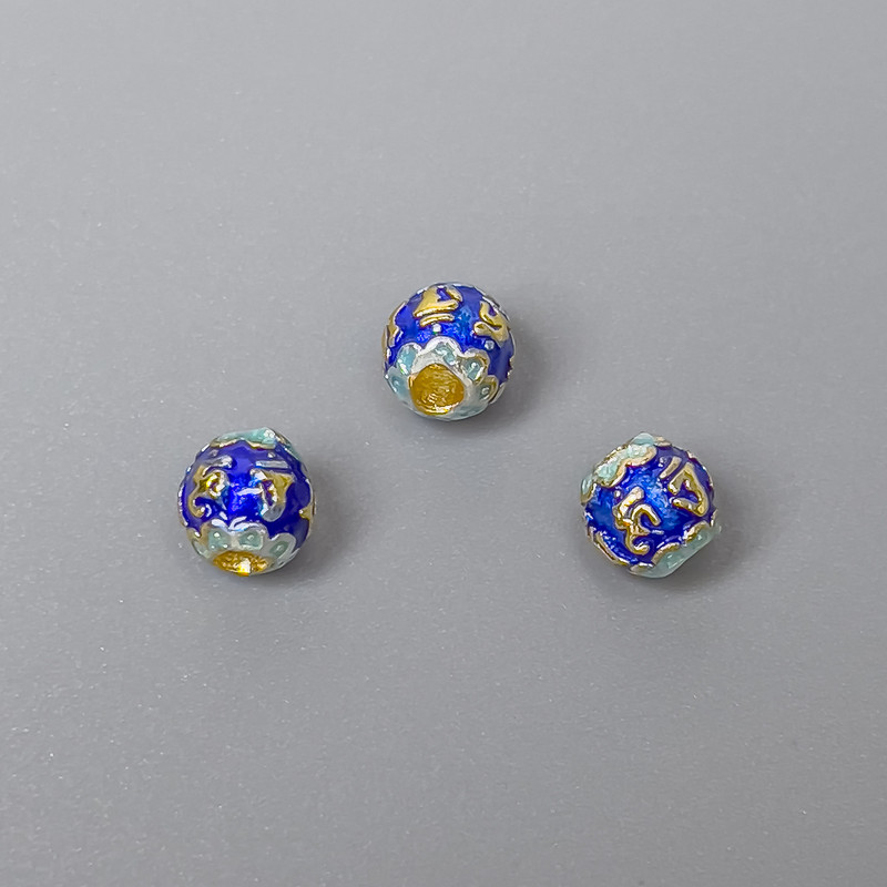 Cloisonné Bead, blue and turquoise enamel, diameter 6x5 mm, hole 2 mm, gold-colored metal, 1 pc
