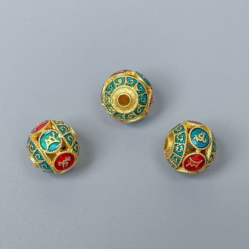 Cloisonné Bead Turquoise-Red Enamel, 10 mm Diameter, 1.8 mm Hole, Light Gold Metal Color, 1 pc