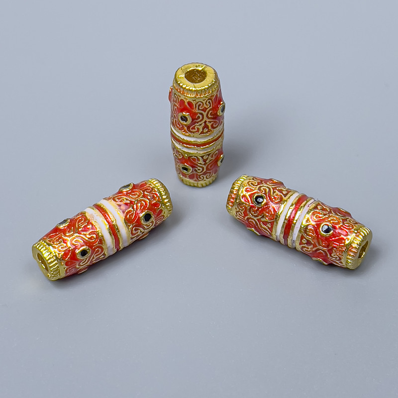 Cloisonné Cylindrical Bead, Red, White and Black enamel, 6×17 mm, hole 2.5 mm, gold-tone metal, 1 pc