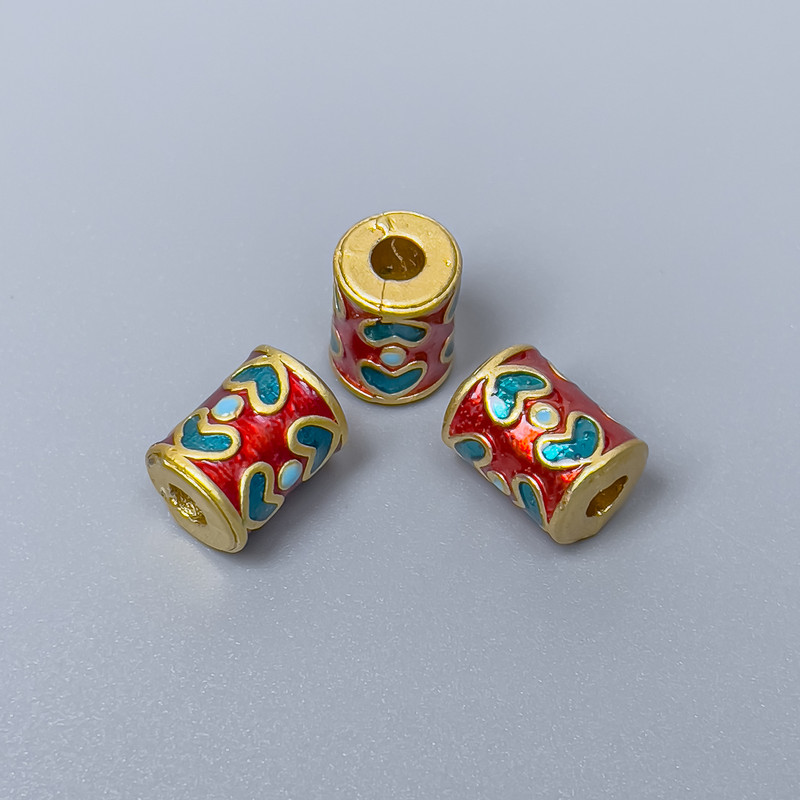 Cloisonné bead, cylindrical, turquoise-red enamel, 8×10 mm, hole 3 mm, gold-colored metal, 1 pc