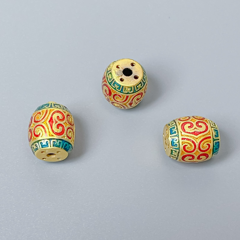 Cloisonné Barrel Bead Red and Green Enamel, 10x9 mm, hole diameter 1.8 mm, gold-tone metal, 1 pc