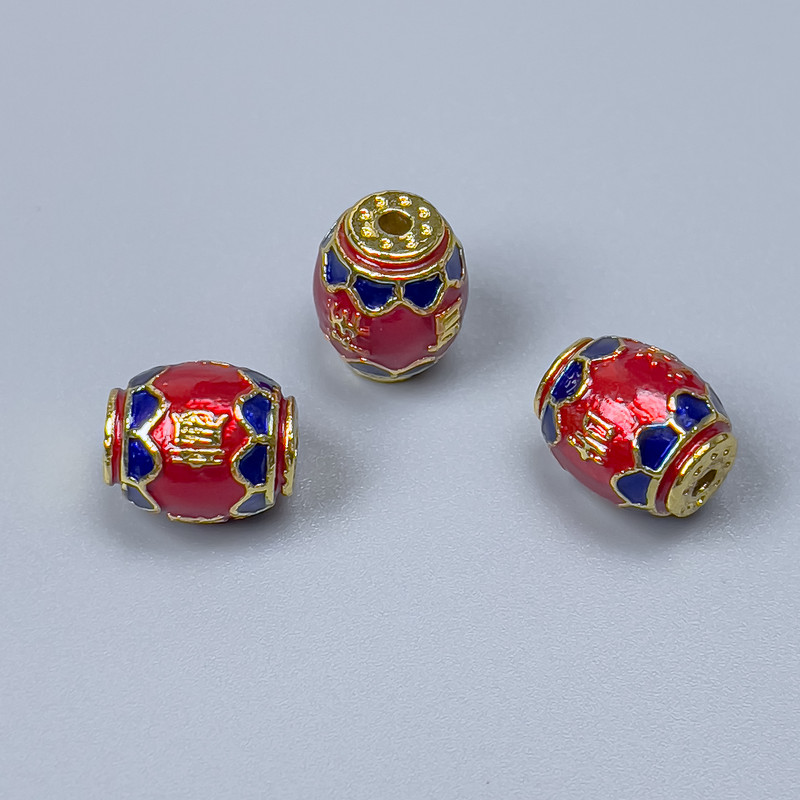 Cloisonné barrel bead with red and blue enamel, 10x8 mm, hole diameter 1.8 mm, gold-tone metal, 1 pc