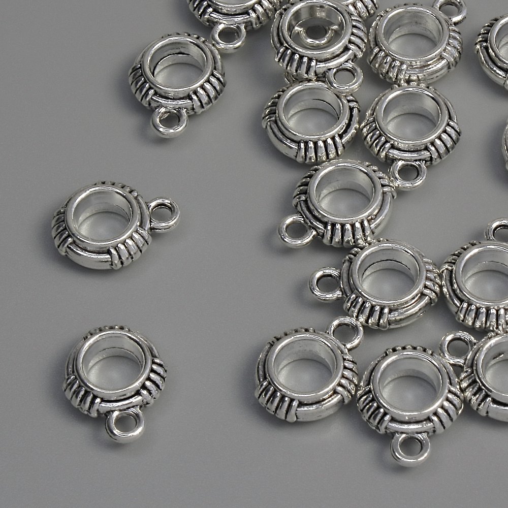 Silver bail hardware, dimensions 13×10×4 mm ±, holes diameter 5 mm ±, diameter 1.8 mm ±, packaging 18 pcs