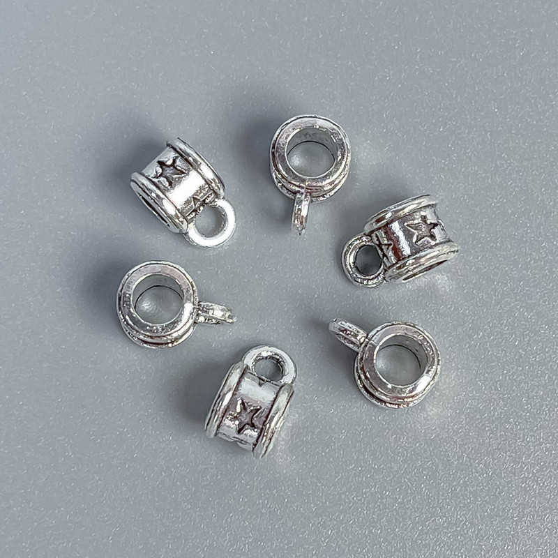 Bead bail, silver-colored metal, size 8×5×6 mm ±, holes 3 mm and 2 mm ±, packaging 20 g (~54 pcs)