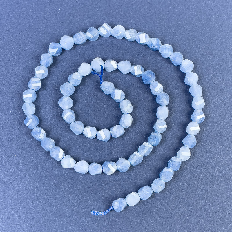 Aquamarine Beads, Faceted Diamond-Shaped 6x5mm on Thread, Length 39cm+