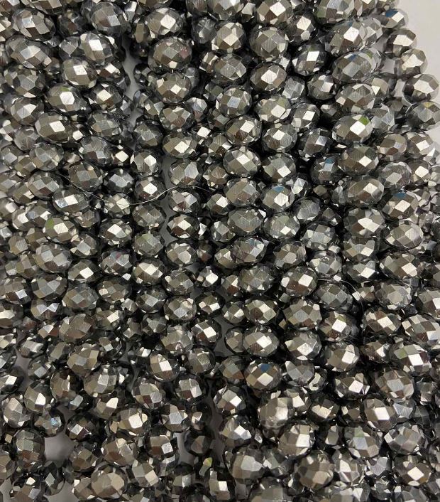 Beads Czech Crystal on thread with light gray coating, faceted rondel, diameter 8x6 mm +/-, length 40 cm +