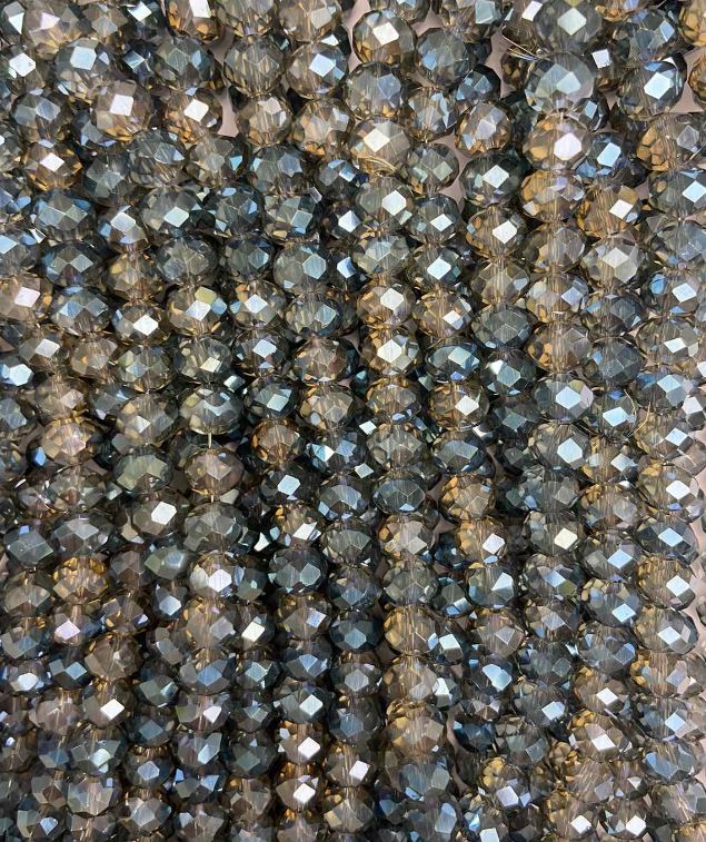 Gray Czech Crystal Beads on Thread, Gray with Silver Coating, Faceted Rondelle, 8x6.5 mm, Length 38-40 cm