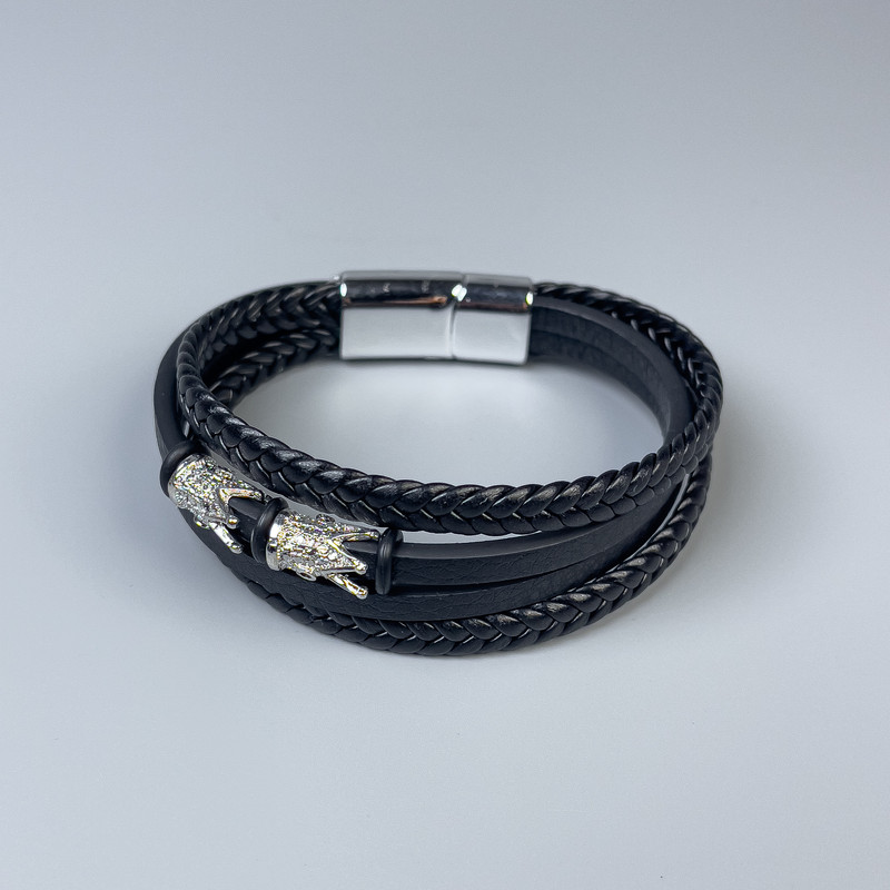 Men's black eco-leather bracelet with metal inlays, thickness 12-20mm+-, length 22cm+-, silver-toned metal on the clasp