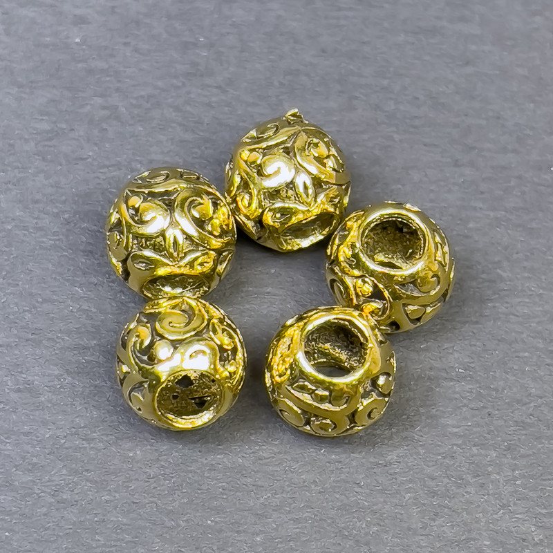 Gold-tone bead insert findings, color: gold, diameter 9×10 mm, hole diameter ~4.5 mm, packaging 5 pcs