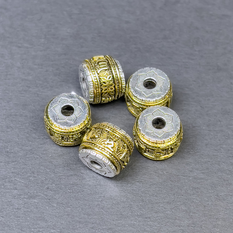 Bead-insert findings, silver- and gold-tone metal, 11x8.5 mm, hole diameter approx. 3 mm, price per piece