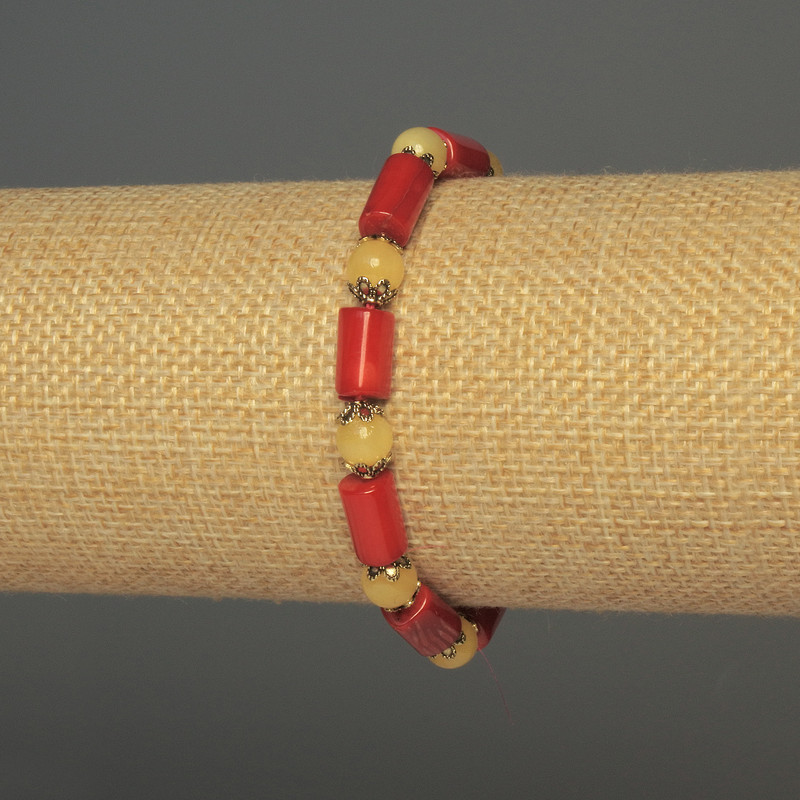 Coral Cylinder Bracelet, 12×6 mm diameter, Citrine bead 6 mm, 18 cm length, Elastic