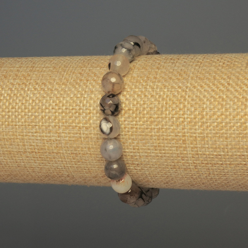Dragon's Veins Agate Bracelet with Faceted Beads, 8mm Diameter, 18 cm Length, Elastic