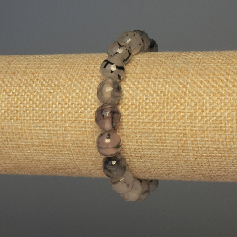 Dragon Vein Agate Bracelet with Faceted Beads, 10mm Diameter, 18cm Length, Stretch