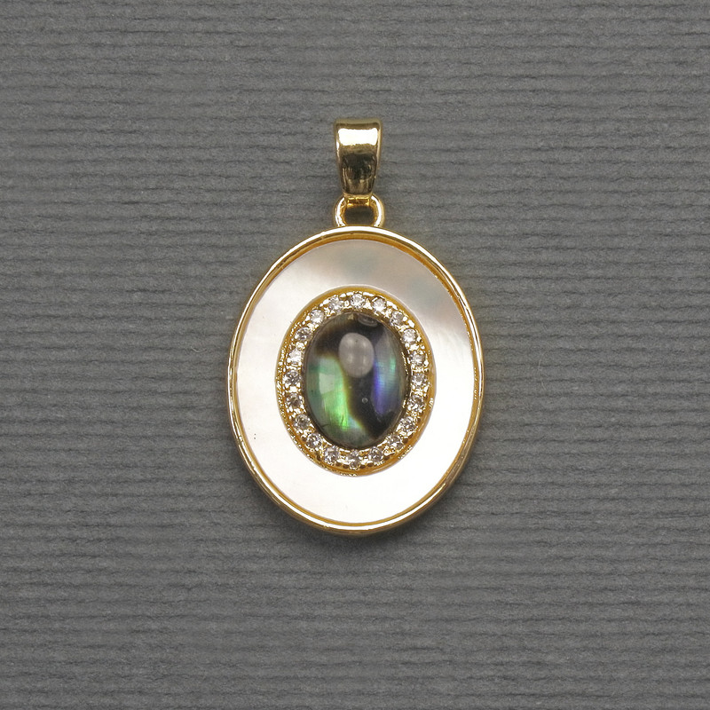 Chalcedony and Mother-of-Pearl Pendant, Oval, Golden Metal, diameter 18×16 mm, length 27 mm