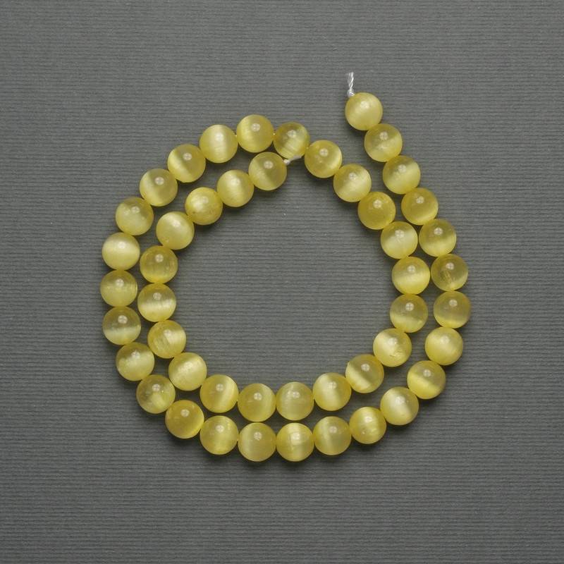 Cat's Eye Beads Yellow Synthetic Stone Smooth Round Bead, 8mm Diameter ± on Thread, Length 39 cm+