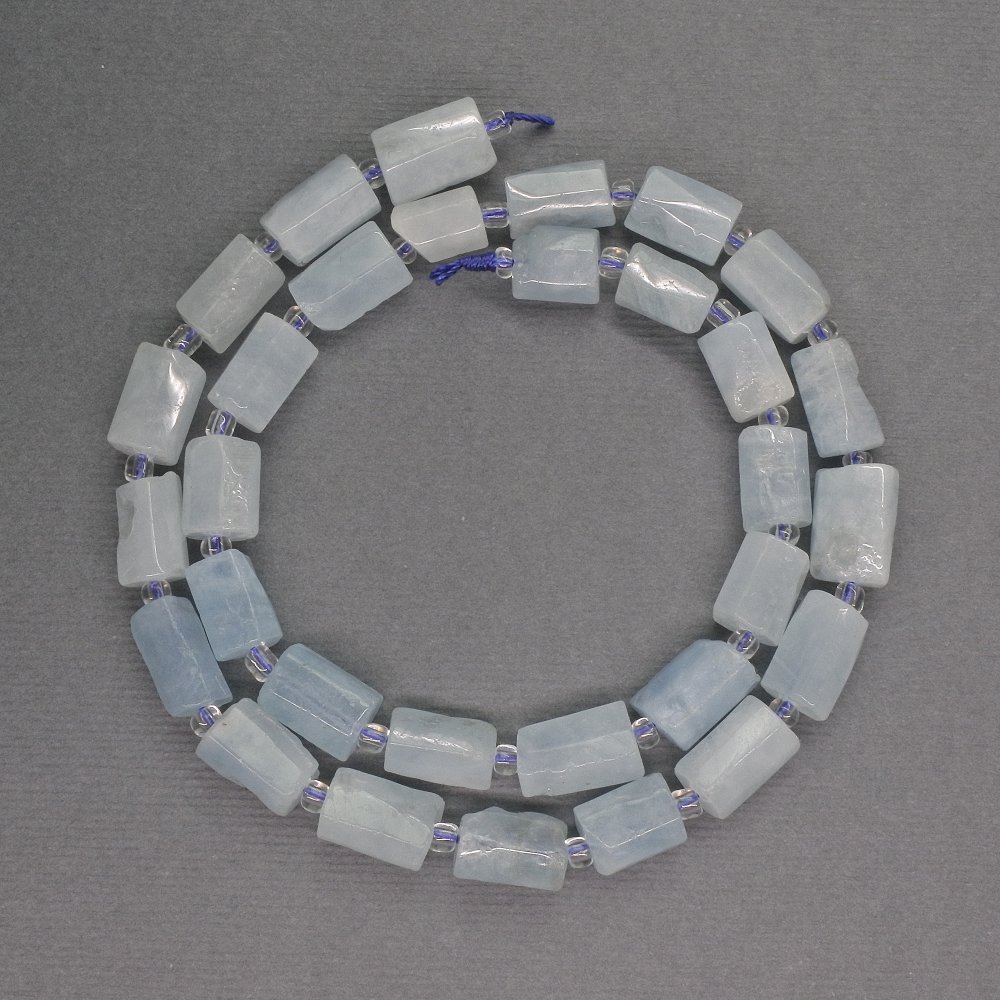 Aquamarine natural gemstone beads, faceted cylindrical, diameter 7x11 mm ±, seed beads, diameter 3 mm ±, length 39 cm ±