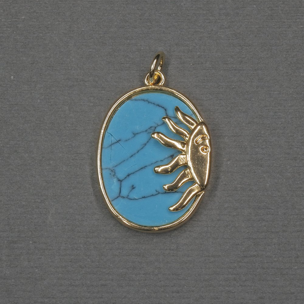 Sun Pendant with Turquoise Inlay (pressed) 17x20x24x3mm ± gold-tone metal