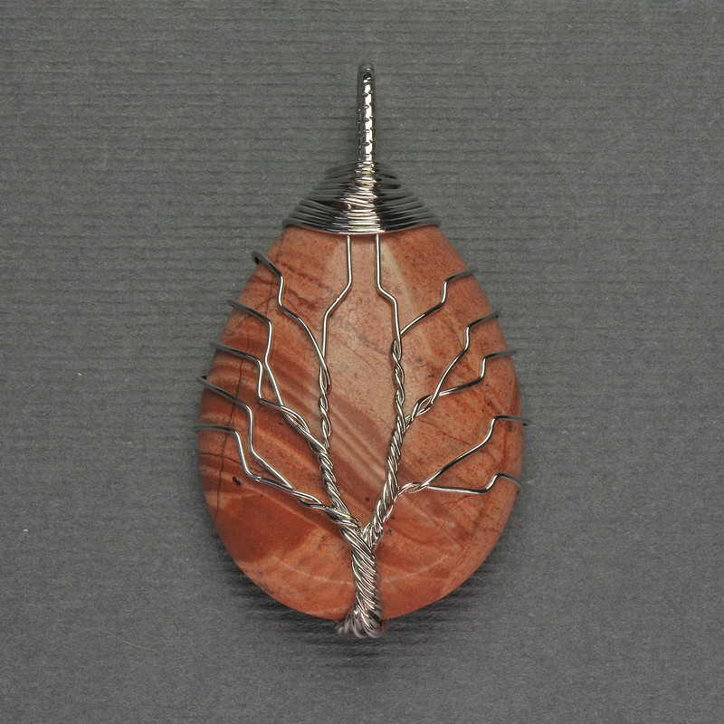 Pendant 'Drop' Red Jasper 24x35x48 mm ± in a silver-toned metal weave