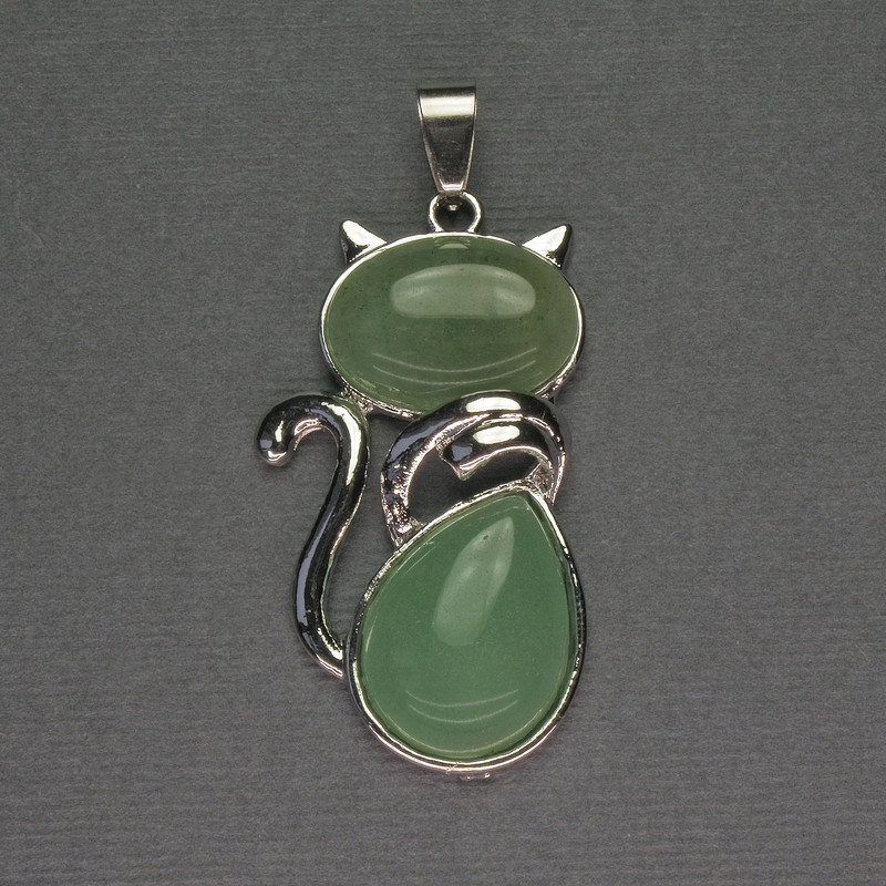 Pendant 'Cat' nephrite 25x51mm, silvery metal