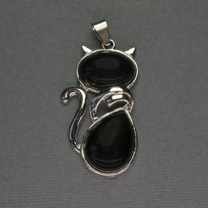 Cat Pendant with Agate 25x51mm - Silver-tone Metal