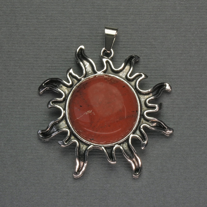 Sun Pendant with Red Jasper, 42mm ±, 48mm length, Silvery Metal