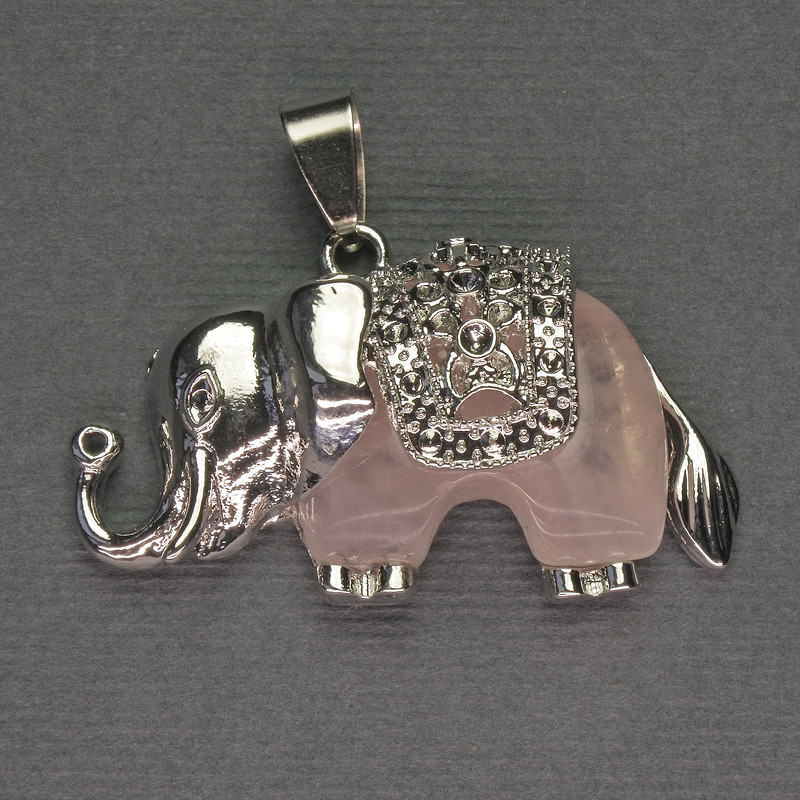 Pendant Elephant Pink Quartz 39×34 mm ± silver-toned metal