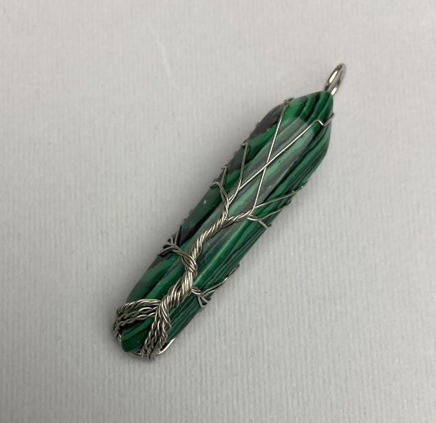 Malachite Pendant with Hexagonal Crystal Ball, 12x50x57 mm ±, in a Silver-Plated Setting