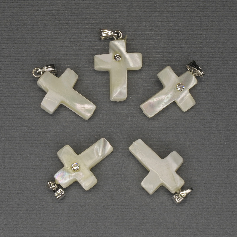 Pendant Mother-of-Pearl Cross 30x20x15 mm with White Crystals, Silver-Tone Metal